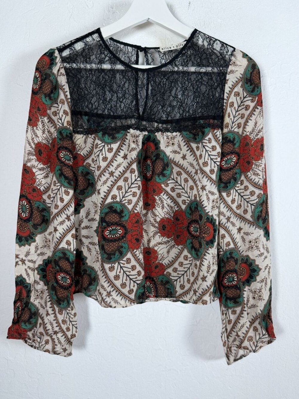 Alice + Olivia Womens Silk Black Lace Yoke Paisley Floral Top Blouse Boho Multi